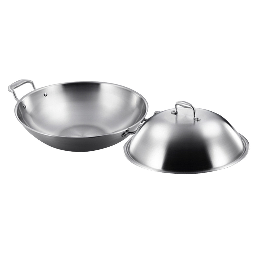 SOGA 3-Ply 38cm Stainless Steel Double Handle Wok Frying Fry Pan Skillet with Lid • LUZ-WokTRIFPG38