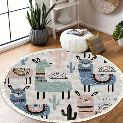 SOGA 120cm Alpaca Cactus Pattern Rug Desert Animals Non-Slip Round Area Rugs for Living Room Dining Room • LUZ-CarpetA61