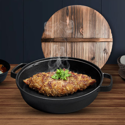 SOGA 33cm Round Cast Iron Pre-seasoned Deep Baking Pizza Frying Pan Skillet with Wooden Lid • LUZ-ZPaiC3