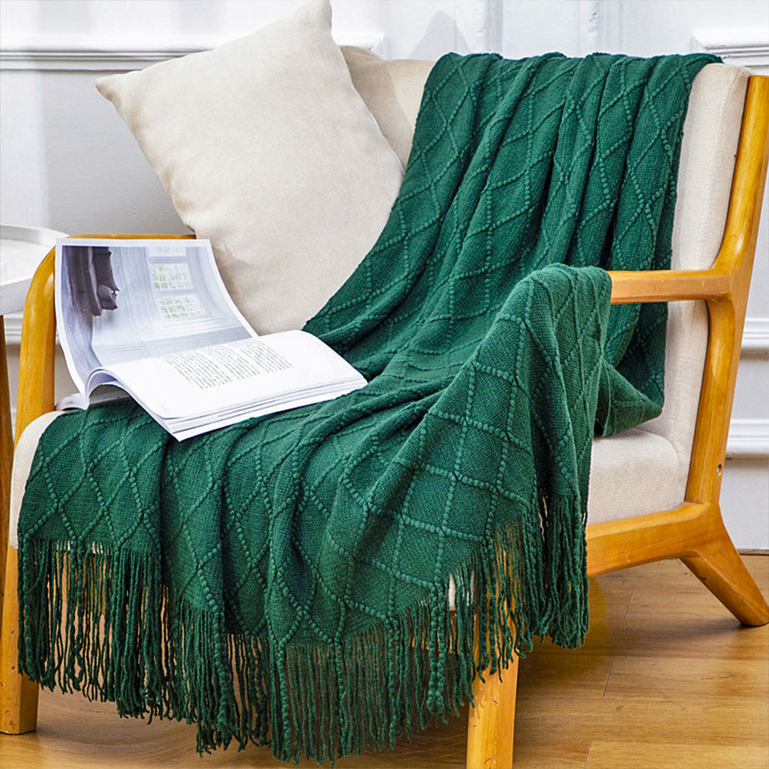 SOGA Green Diamond Pattern Knitted Throw Blanket Warm Cozy Woven Cover Couch Bed Sofa Home Decor with Tassels • LUZ-Blanket903