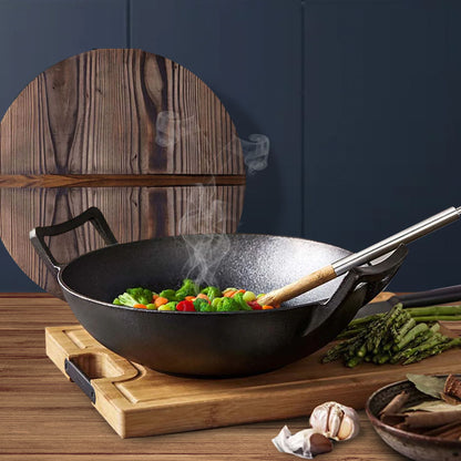 SOGA 36CM Commercial Cast Iron Wok FryPan with Wooden Lid Fry Pan • LUZ-ZPaiB1