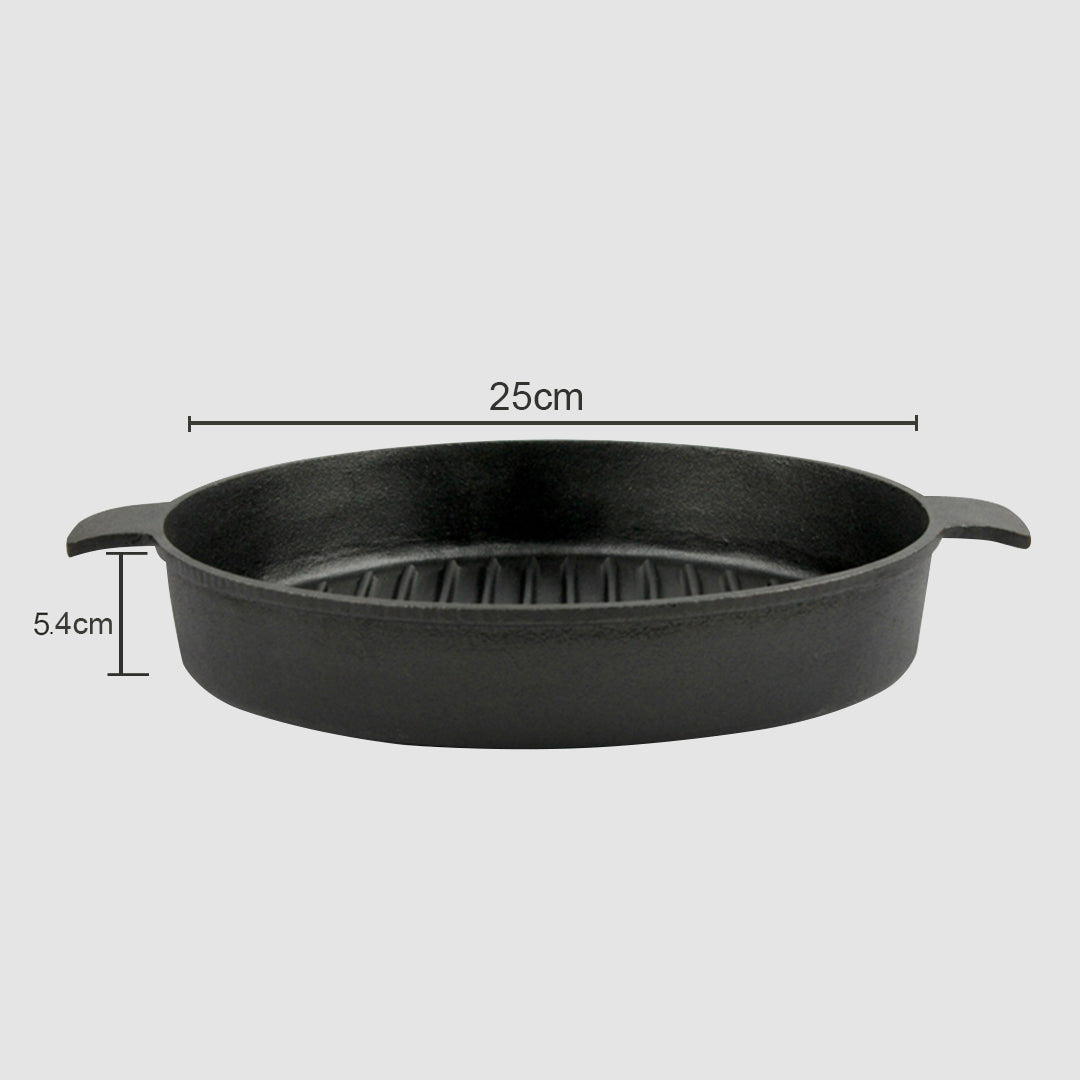 SOGA 25cm Round Ribbed Cast Iron Frying Pan Skillet Steak Sizzle Platter with Handle • LUZ-ZPai001A