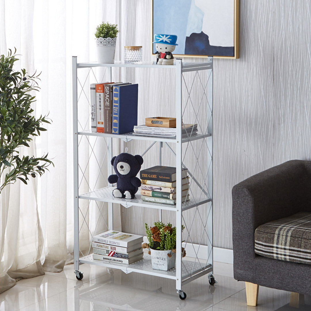 SOGA 2X 4 Tier Steel White Foldable Kitchen Cart Multi-Functional Shelves Portable Storage Organizer with Wheels • LUZ-KitchenXY002WHTX2