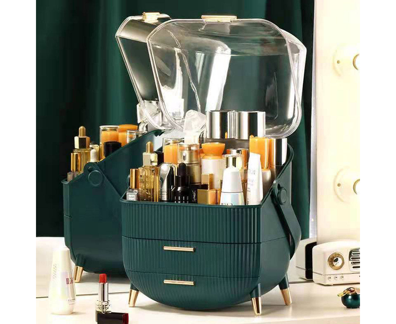 SOGA Green Cosmetic Jewelry Storage Organiser with Antler LED Light Mirror Tabletop Vanity Set LUZ-BathC110-G534