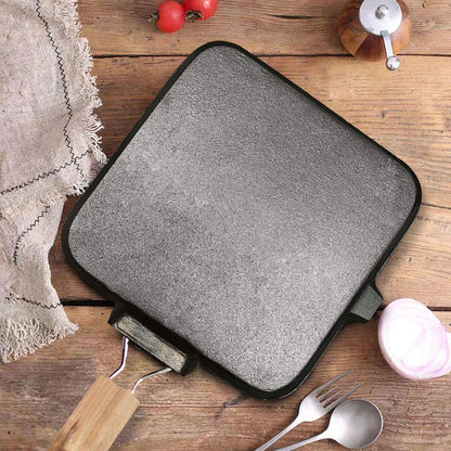 SOGA 2X 24cm Ribbed Cast Iron Square Steak Frying Grill Skillet Pan with Folding Wooden Handle • LUZ-ZPai010X2