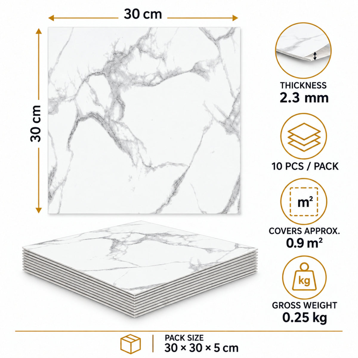 SOGA Peel & Stick Floor and Wall Tiles 30 x 30cm 10 Pack White Grey Faux Marble • LUZ-TileCZA054Sml