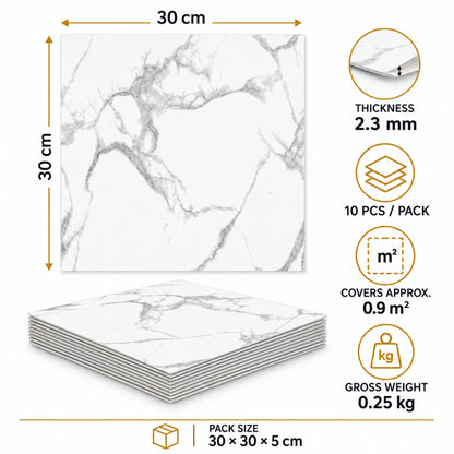 SOGA Peel & Stick Floor and Wall Tiles 30 x 30cm 10 Pack White Grey Faux Marble • LUZ-TileCZA054Sml