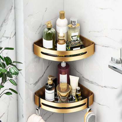 SOGA 2X Gold Wall-Mounted Triangular Bathroom Storage Corner Vanity Organiser Space Saving Adhesive Shelf Rack with Hooks LUZ-TAN1013X2