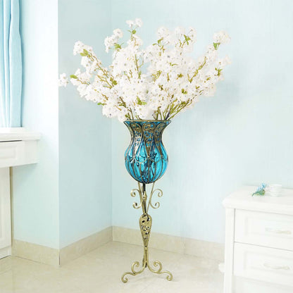 SOGA 85cm Blue Glass Floor Vase with Tall Metal Flower Stand • LUZ-VaseYG3019Blue