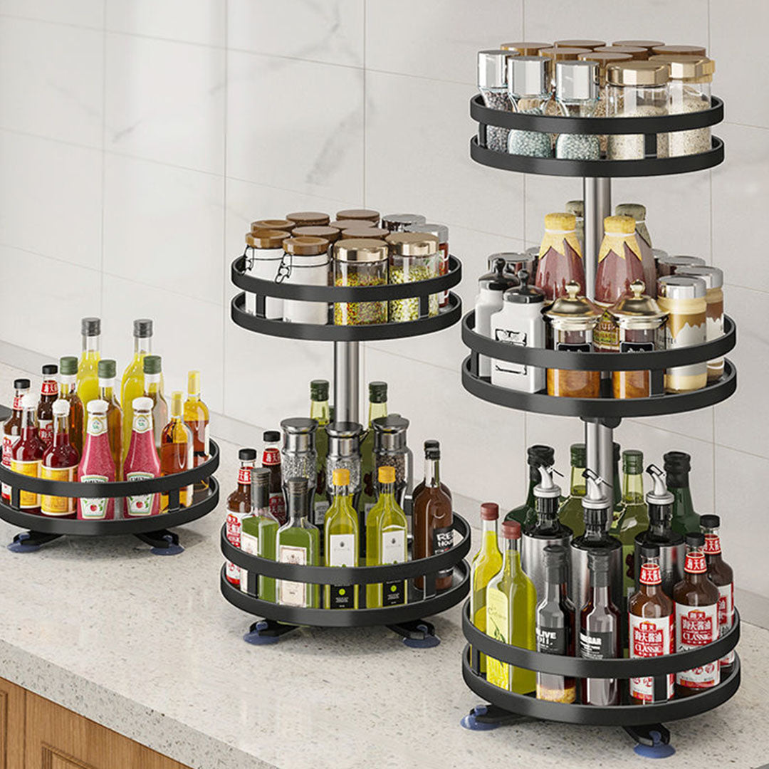 SOGA 3 Tier Steel Black Round Rotating Multi-Function Kitchen Portable Storage Spice Seasoning Kitchen Countertop Organiser Shelf • LUZ-KitchenXY051