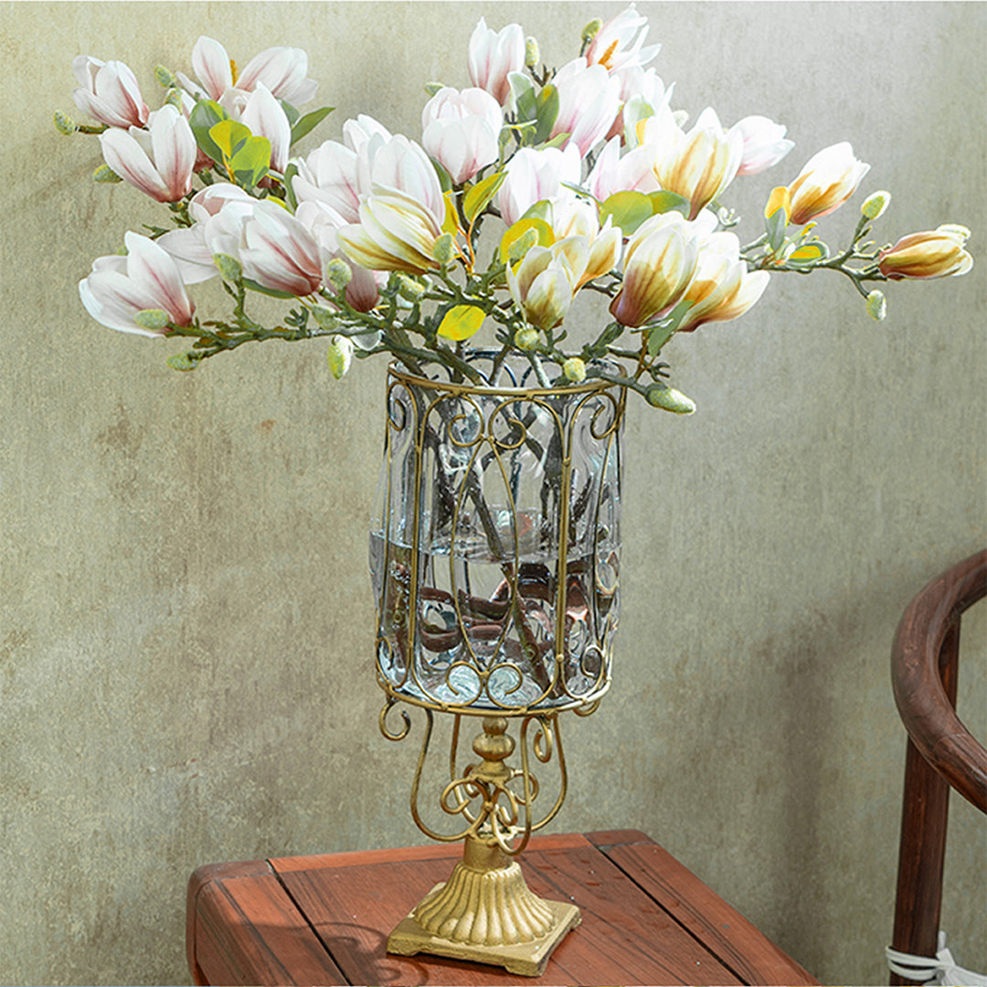SOGA European Clear Glass Cylinder Flower Vase Solid Base with Gold Metal Pattern • LUZ-HO-VaseYG3015