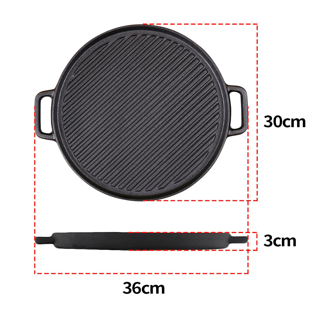 SOGA 2X 30cm Round Cast Iron Ribbed BBQ Pan Skillet Steak Sizzle Platter with Handle • LUZ-ZPai042X2