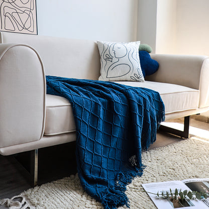 SOGA 2X Royal Blue Diamond Pattern Knitted Throw Blanket Warm Cozy Woven Cover Couch Bed Sofa Home Decor with Tassels • LUZ-Blanket902X2