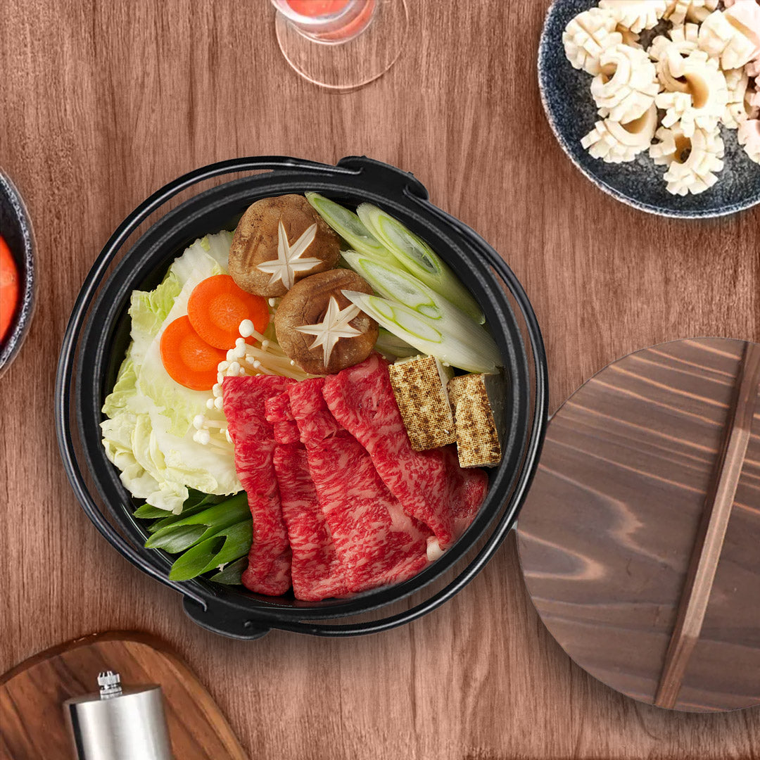 SOGA 2X 25cm Cast Iron Japanese Style Sukiyaki Tetsu Nabe Shabu Hot Pot with Wooden Lid • LUZ-ZPaiA5-25X2