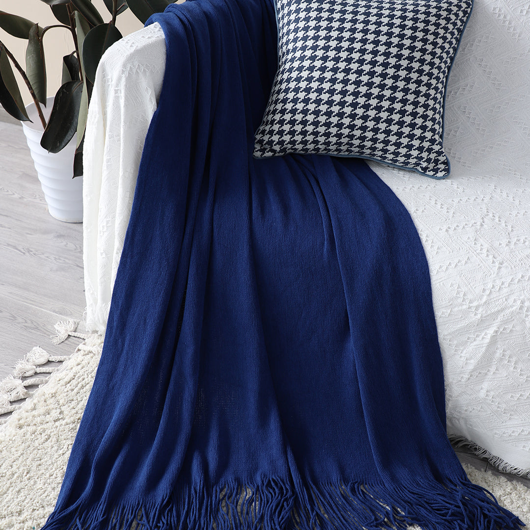 SOGA 2X Royal Blue Acrylic Knitted Throw Blanket Solid Fringed Warm Cozy Woven Cover Couch Bed Sofa Home Decor • LUZ-Blanket909X2