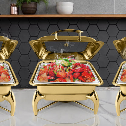 SOGA 2X Gold Plated Stainless Steel Square Chafing Dish Tray Buffet Cater Food Warmer Chafer with Top Lid • LUZ-ChafingDish294X2