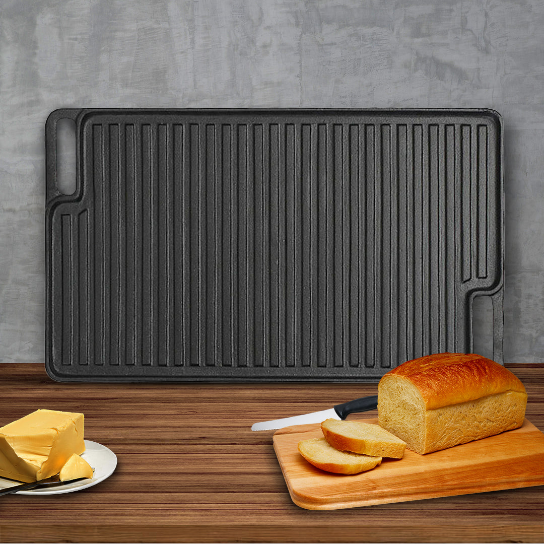 SOGA 2X 45cm Rectangular Cast Iron Portable Fry BBQ Grill Plate Cooking Pan Tray with Handle • LUZ-ZPai039X2