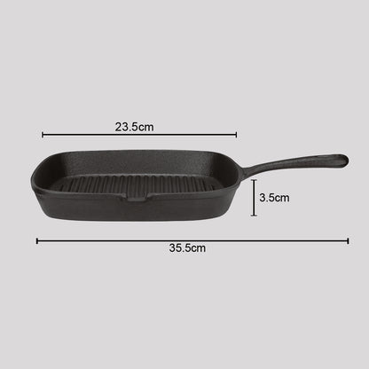 SOGA 2X 23.5cm Square Ribbed Cast Iron Frying Pan Skillet Steak Sizzle Platter with Handle • LUZ-ZPai006X2