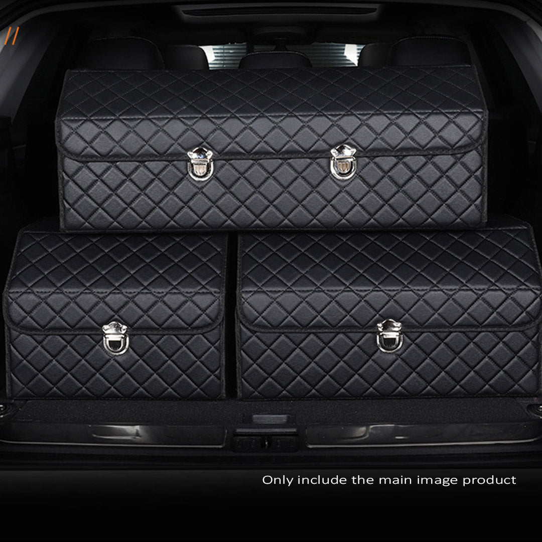 SOGA Leather Car Boot Collapsible Foldable Trunk Cargo Organizer Portable Storage Box Black/White Stitch with Lock Large • LUZ-StorageBLK388