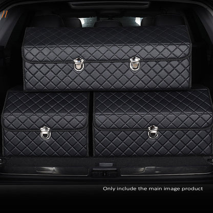 SOGA Leather Car Boot Collapsible Foldable Trunk Cargo Organizer Portable Storage Box Black/White Stitch with Lock Large • LUZ-StorageBLK388