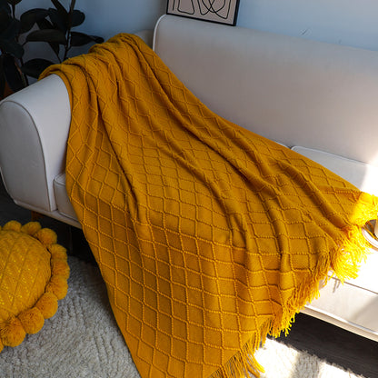 SOGA Yellow Diamond Pattern Knitted Throw Blanket Warm Cozy Woven Cover Couch Bed Sofa Home Decor with Tassels • LUZ-Blanket901