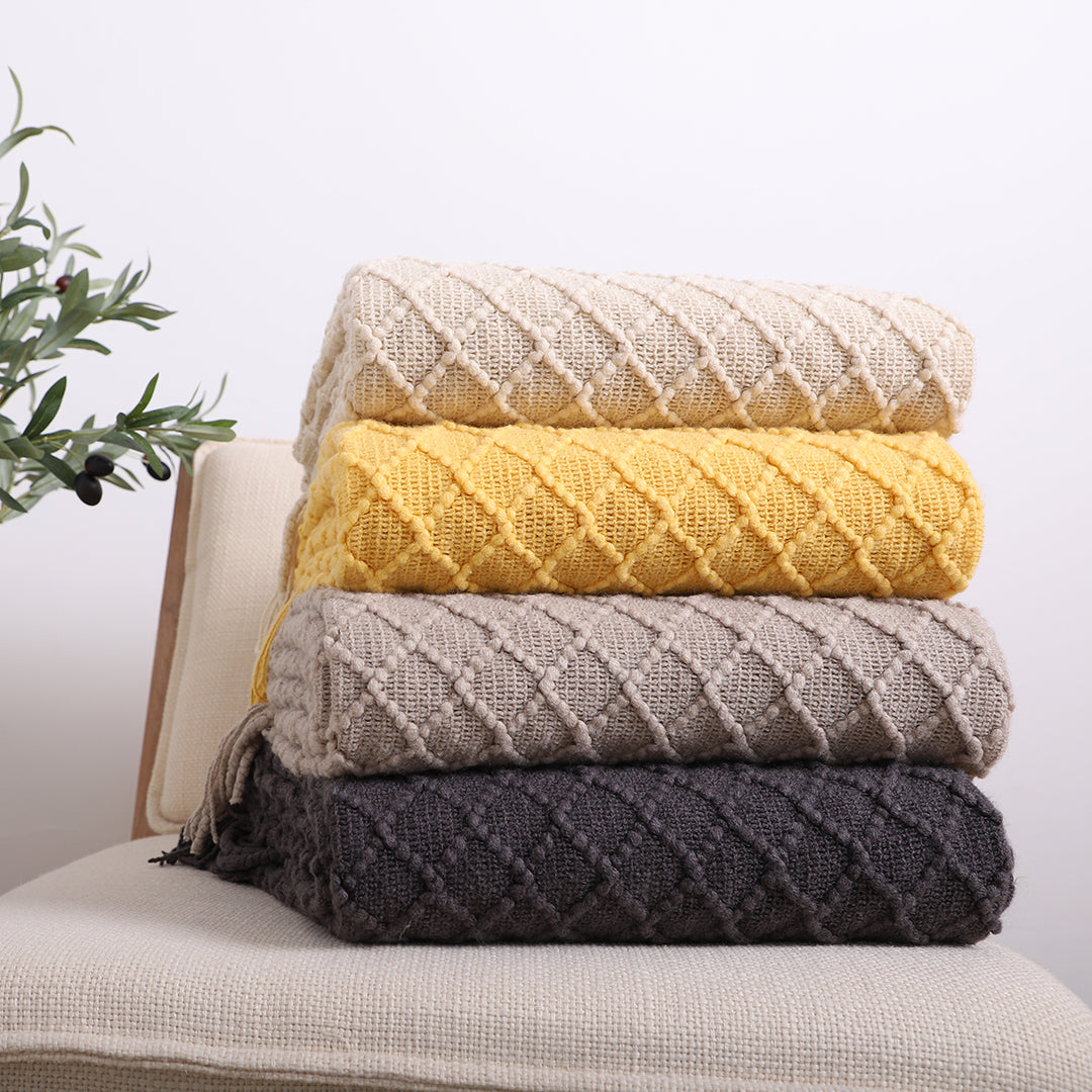 SOGA Beige Diamond Pattern Knitted Throw Blanket Warm Cozy Woven Cover Couch Bed Sofa Home Decor with Tassels LUZ-Blanket922