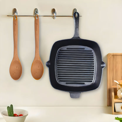 SOGA 26cm Square Ribbed Cast Iron Frying Pan Skillet Steak Sizzle Platter with Handle • LUZ-ZPai023