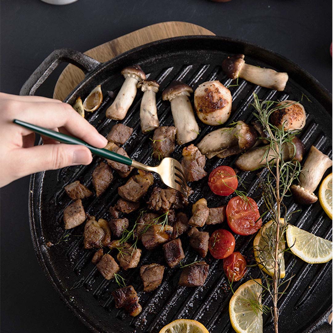 SOGA 30cm Ribbed Cast Iron Frying Pan Skillet Coating Steak Sizzle Platter • LUZ-ZPaiB7