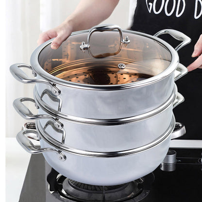 SOGA 3 Tier 30cm Heavy Duty Stainless Steel Food Steamer Vegetable Pot Stackable Pan Insert with Glass Lid • LUZ-SteamerTRISTQ30