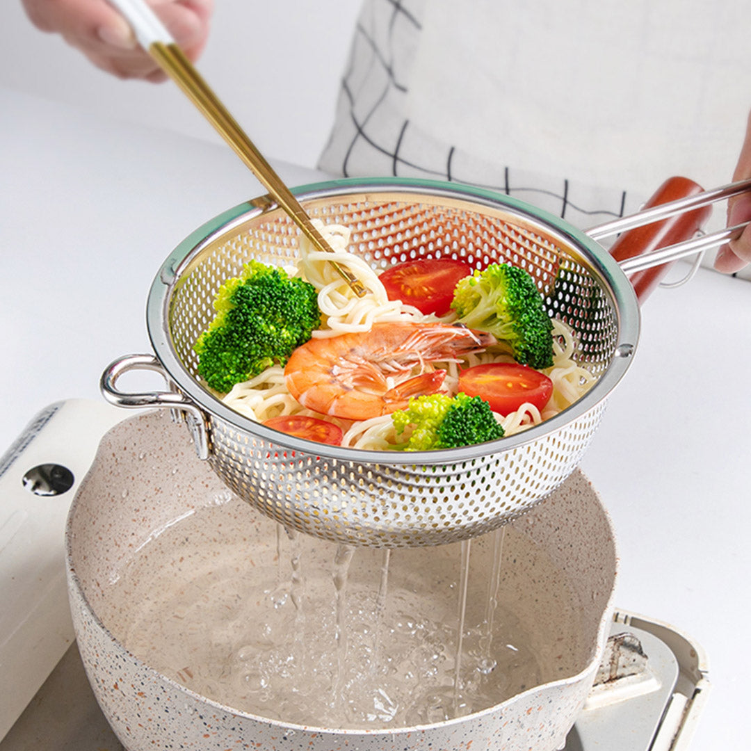 SOGA Stainless Steel Perforated Colander Fine Mesh Net Food Strainer Basket with Handle Skimmer Sieve Set • LUZ-NetColanderSet