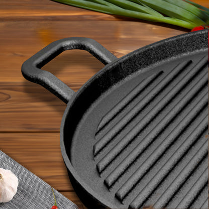 SOGA 28cm Ribbed Cast Iron Frying Pan Skillet Coating Steak Sizzle Platter • LUZ-ZPai024B