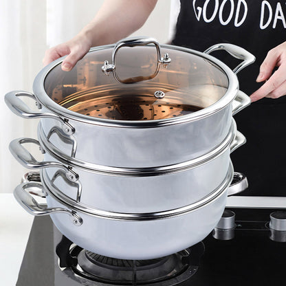 SOGA 2X 3 Tier 28cm Heavy Duty Stainless Steel Food Steamer Vegetable Pot Stackable Pan Insert with Glass Lid • LUZ-SteamerTRISTQ28X2