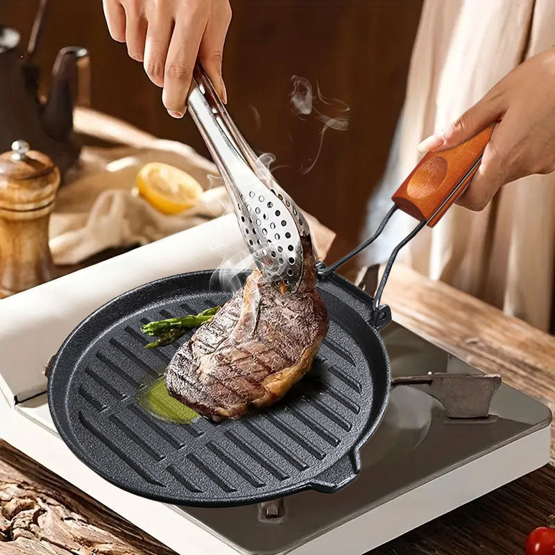 SOGA 24cm Round Ribbed Cast Iron Steak Frying Grill Skillet Pan with Folding Wooden Handle • LUZ-ZPai026