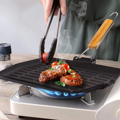 SOGA Rectangular Cast Iron Griddle Grill Frying Pan with Folding Wooden Handle • LUZ-ZPai047