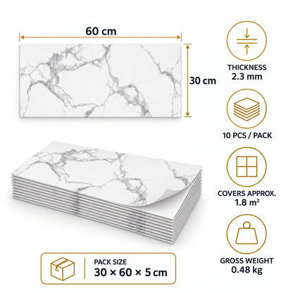 SOGA Peel & Stick Floor and Wall Tiles 30 x 60cm 10 Pack White Grey Faux Marble • LUZ-TileCZA054Med