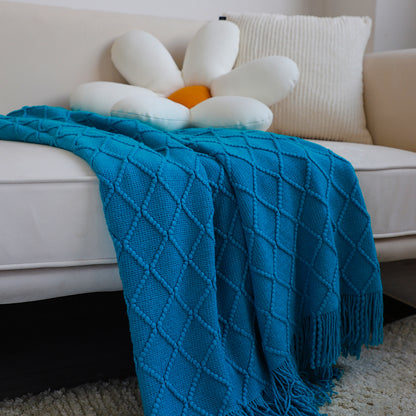 SOGA 2X Blue Diamond Pattern Knitted Throw Blanket Warm Cozy Woven Cover Couch Bed Sofa Home Decor with Tassels • LUZ-Blanket904X2