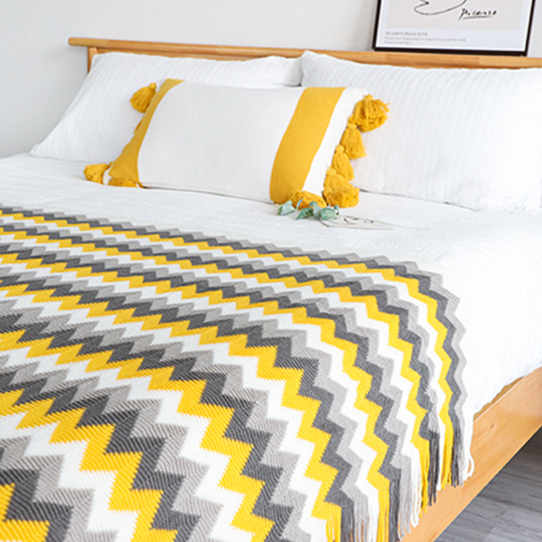 SOGA 220cm Yellow Zigzag Striped Throw Blanket Acrylic Wave Knitted Fringed Woven Cover Couch Bed Sofa Home Decor • LUZ-Blanket918