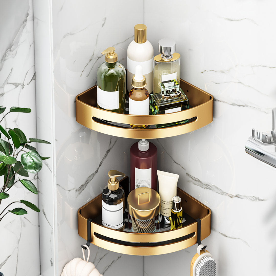 SOGA Gold Wall-Mounted Triangular Bathroom Storage Corner Vanity Organiser Space Saving Adhesive Shelf Rack with Hooks LUZ-TAN1013