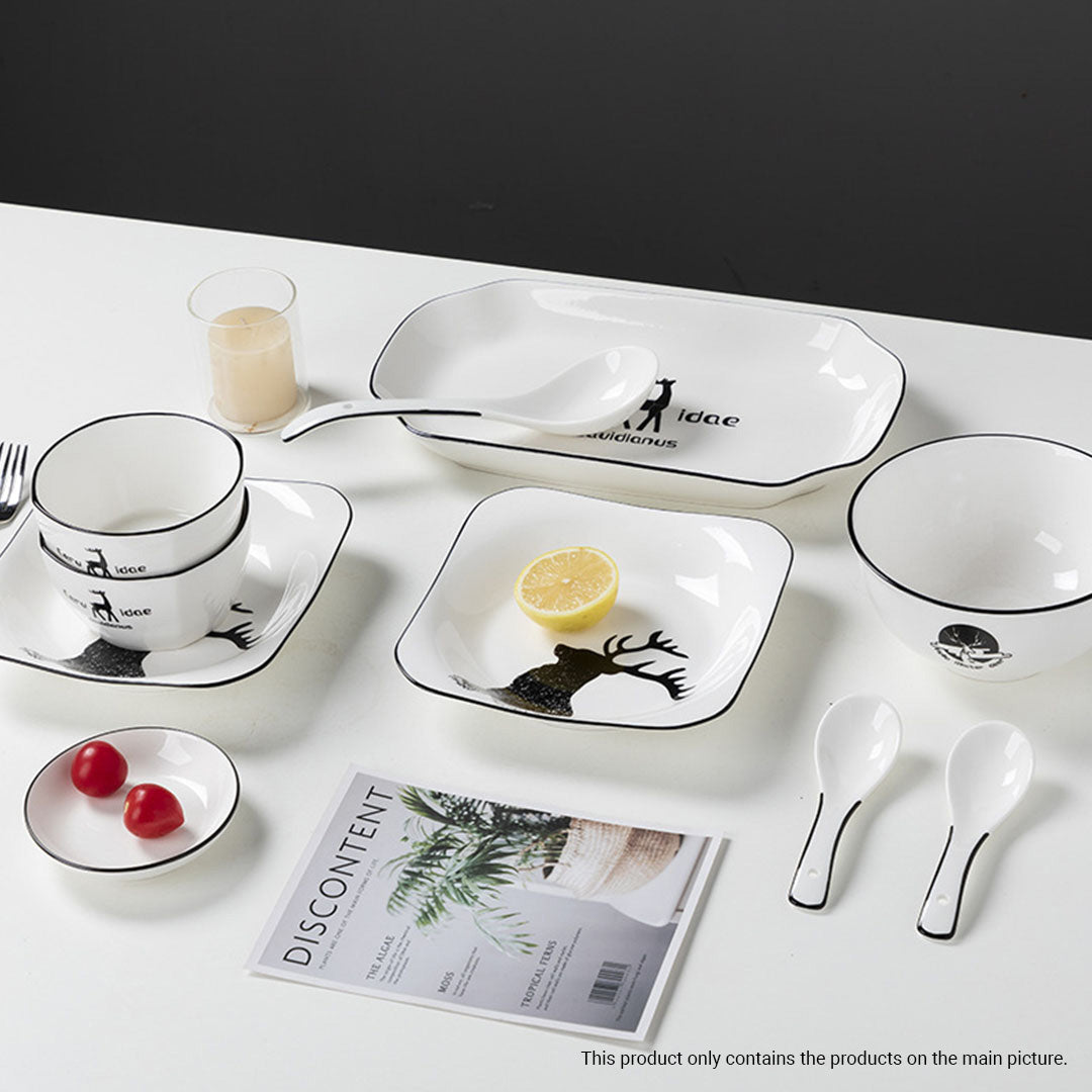 SOGA White Antler Printed Ceramic Dinnerware Set Crockery Soup Bowl Plate Server Kitchen Home Decor Set of 13 • LUZ-BowlG771