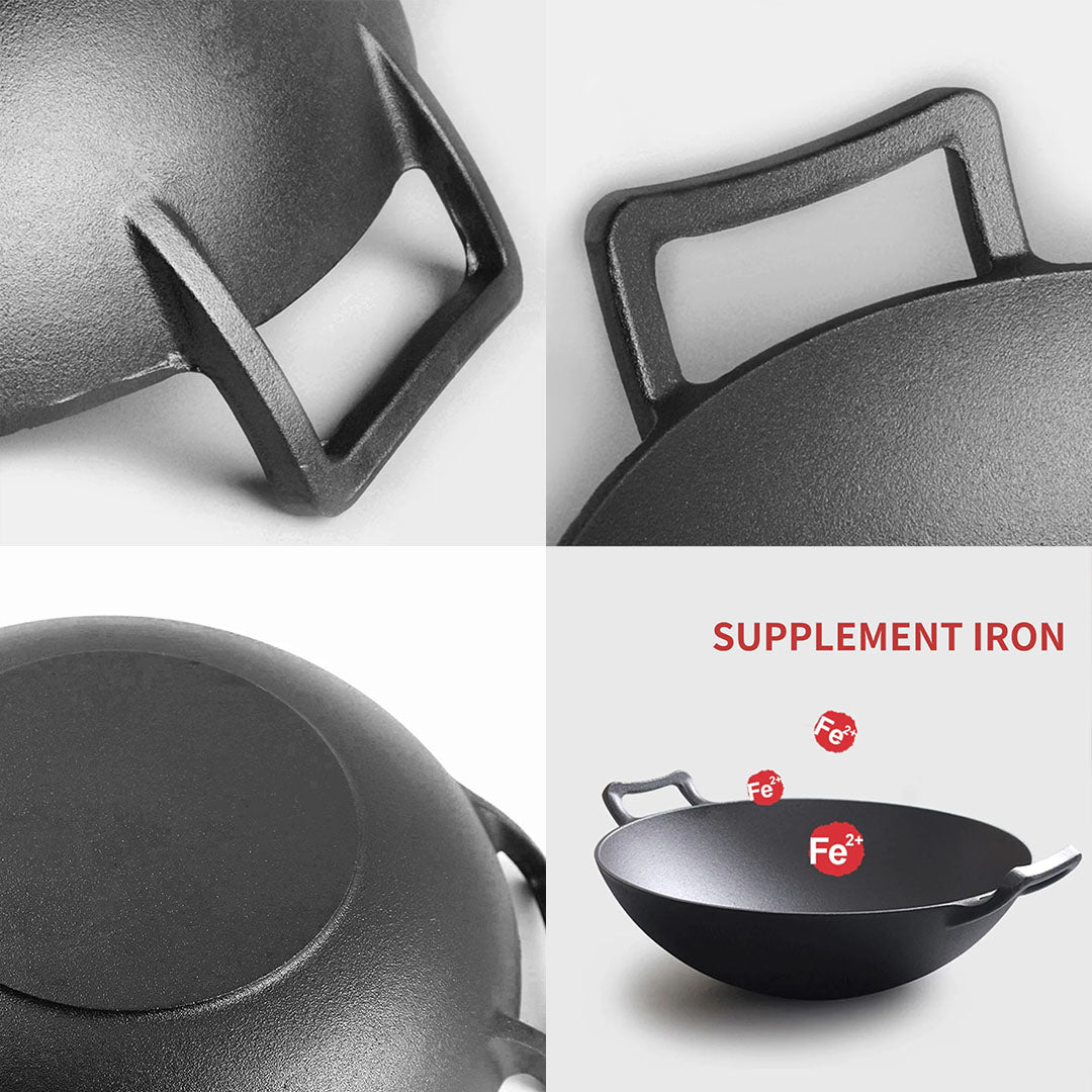 SOGA 2X 32cm Commercial Cast Iron Wok FryPan Fry Pan with Double Handle • LUZ-ZPai013AX2