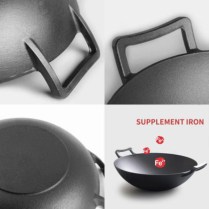 SOGA 2X 32cm Commercial Cast Iron Wok FryPan Fry Pan with Double Handle • LUZ-ZPai013AX2