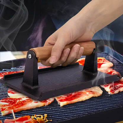 SOGA Cast Iron Bacon Meat Steak Press Grill BBQ with Wood Handle Weight Plate • LUZ-ZPaiA9
