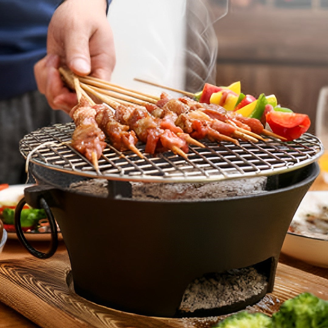 SOGA Large Cast Iron Round Stove Charcoal Table Net Grill Japanese Style BBQ Picnic Camping with Wooden Board • LUZ-Zpai056Lge