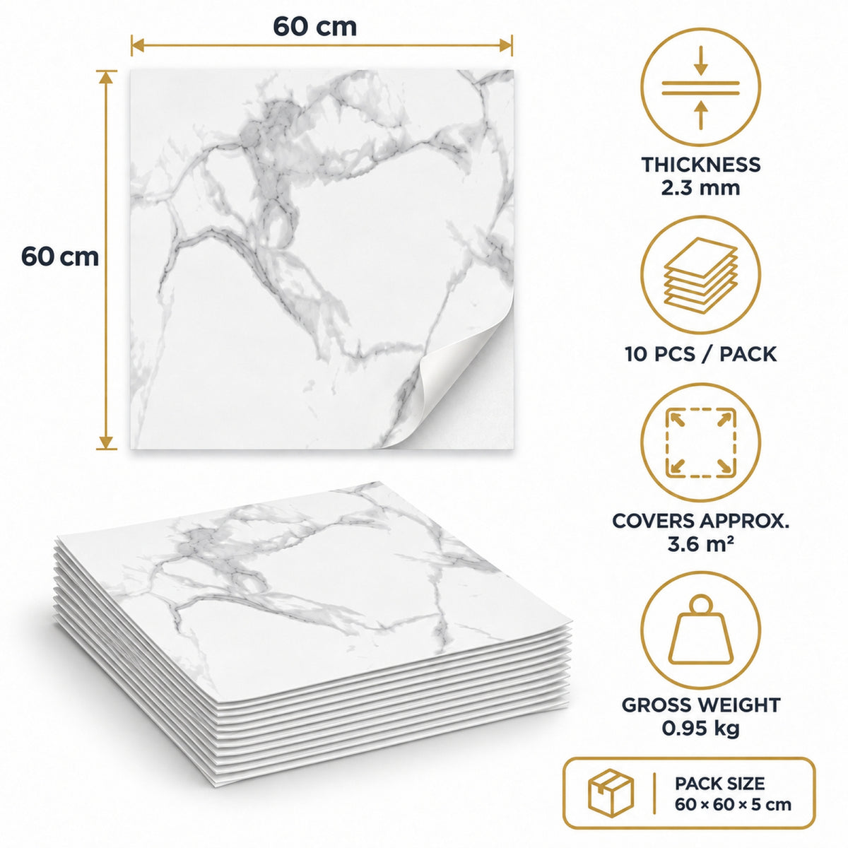 SOGA Peel & Stick Floor and Wall Tiles 60 x 60cm 10 Pack White Grey Faux Marble • LUZ-TileCZA054Lge
