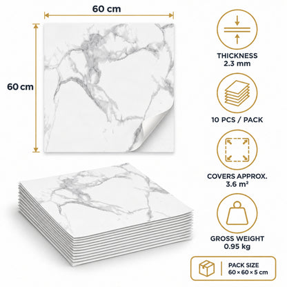 SOGA Peel & Stick Floor and Wall Tiles 60 x 60cm 10 Pack White Grey Faux Marble • LUZ-TileCZA054Lge