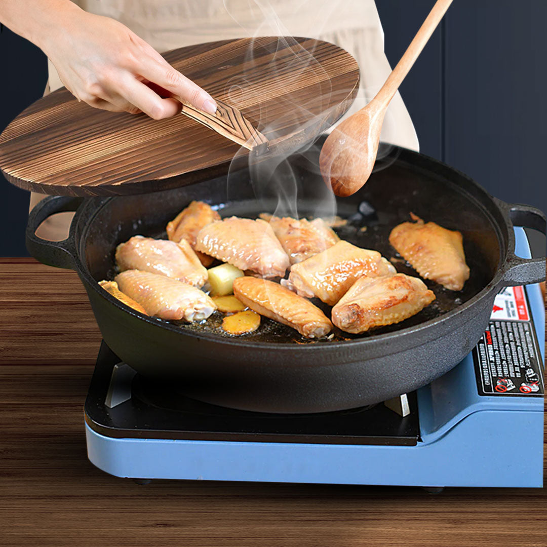 SOGA 2X 29cm Round Cast Iron Pre-seasoned Deep Baking Pizza Frying Pan Skillet with Wooden Lid • LUZ-ZPaiC1X2