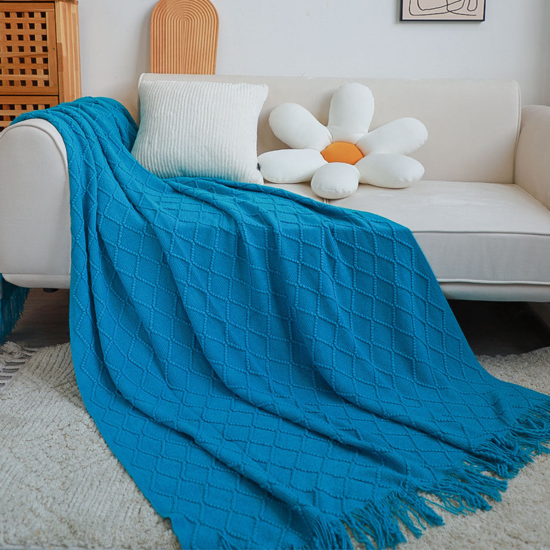 SOGA Blue Diamond Pattern Knitted Throw Blanket Warm Cozy Woven Cover Couch Bed Sofa Home Decor with Tassels • LUZ-Blanket904