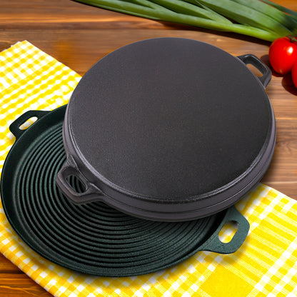 SOGA 35cm Round Ribbed Cast Iron Frying Pan Skillet Steak Sizzle Platter with Handle • LUZ-ZPai004