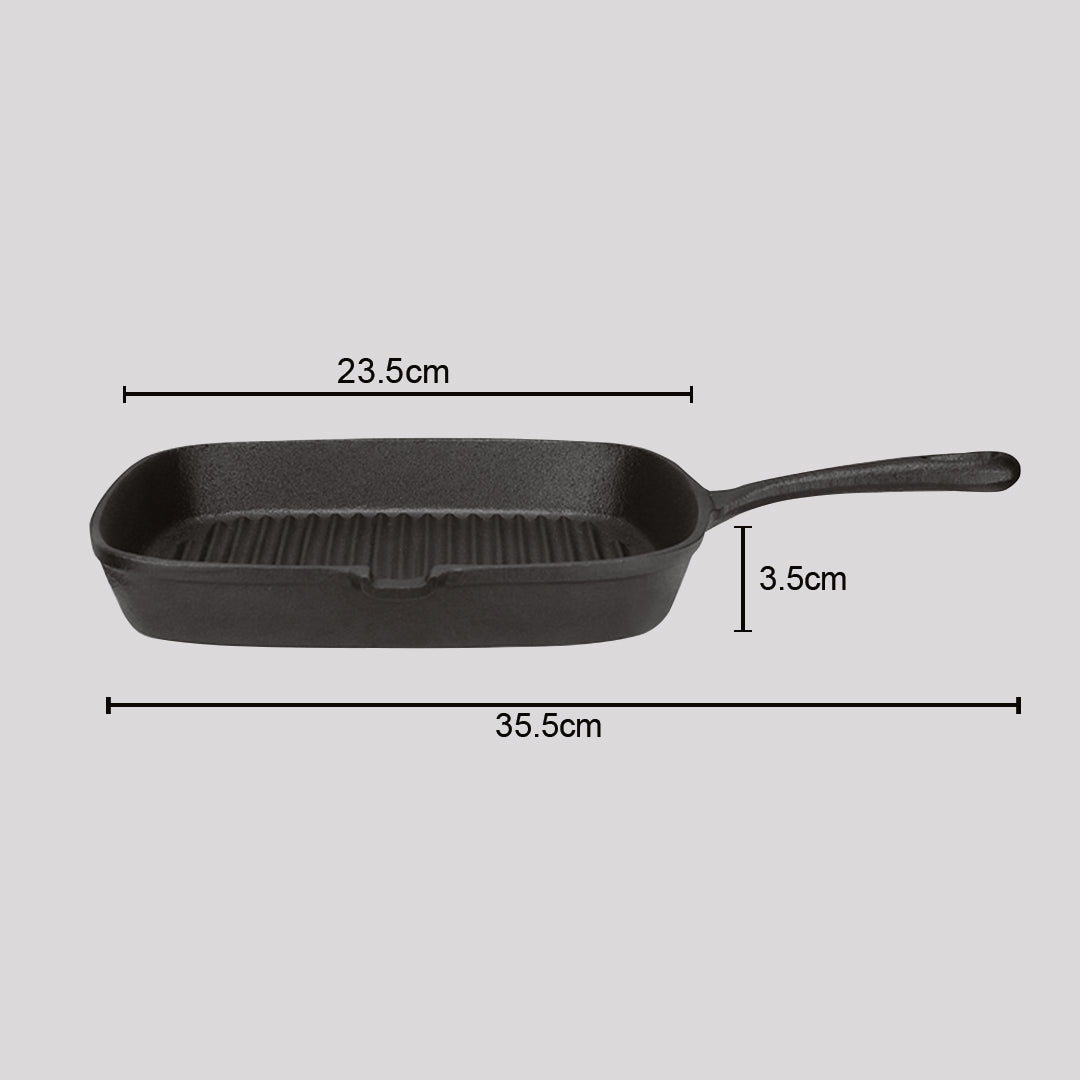 SOGA 23.5cm Square Ribbed Cast Iron Frying Pan Skillet Steak Sizzle Platter with Handle • LUZ-ZPai006