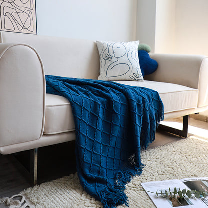 SOGA Royal Blue Diamond Pattern Knitted Throw Blanket Warm Cozy Woven Cover Couch Bed Sofa Home Decor with Tassels • LUZ-Blanket902